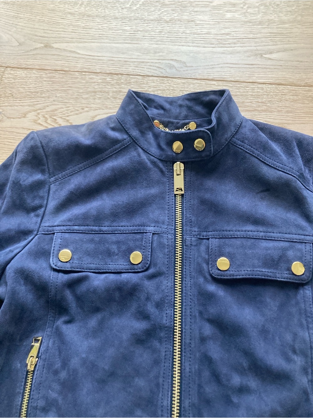 MICHAEL Michael Kors Navy Suede Leather Jacket with Gold Hardware